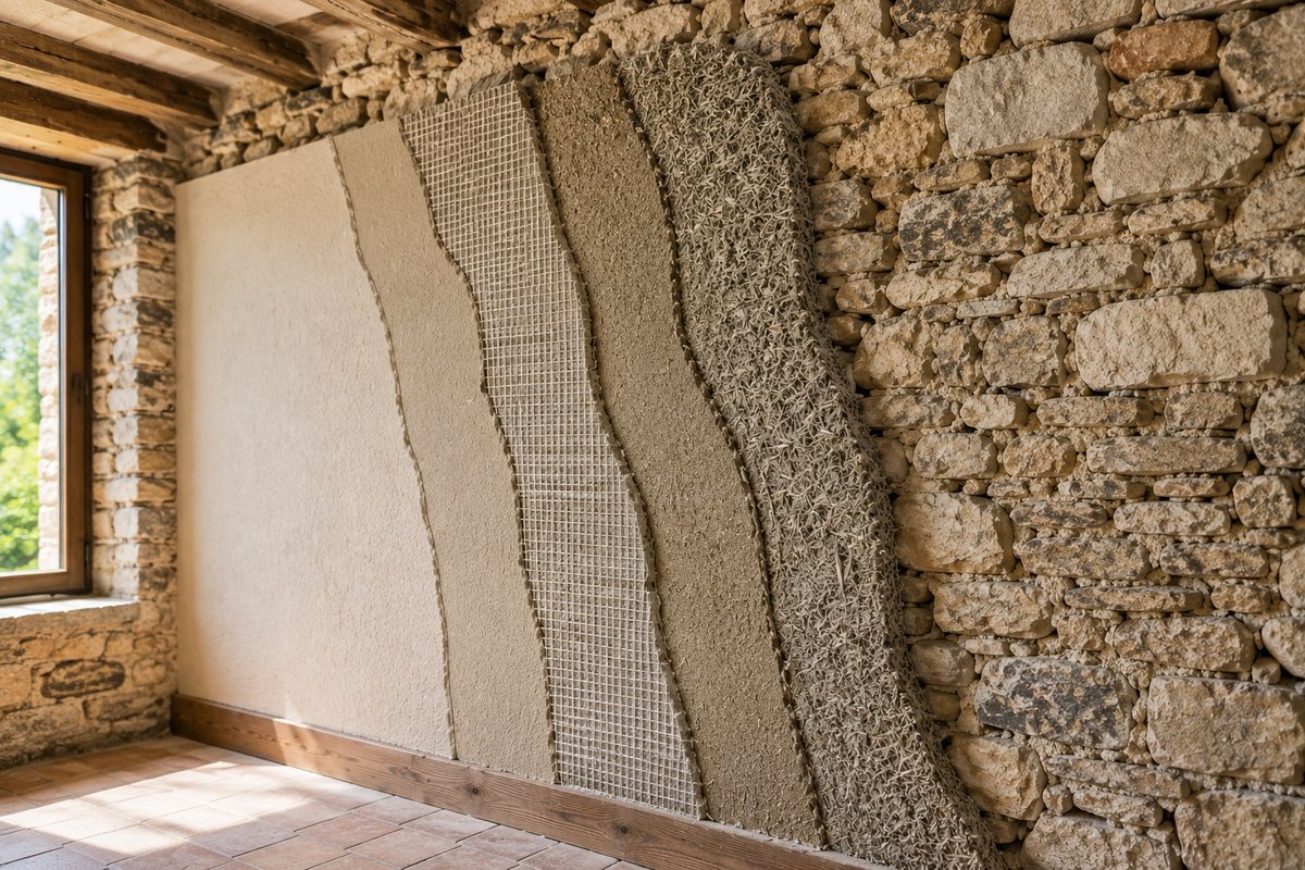 Mur en pierre avec correction thermique naturelle : couches d'enduit chaux-chanvre