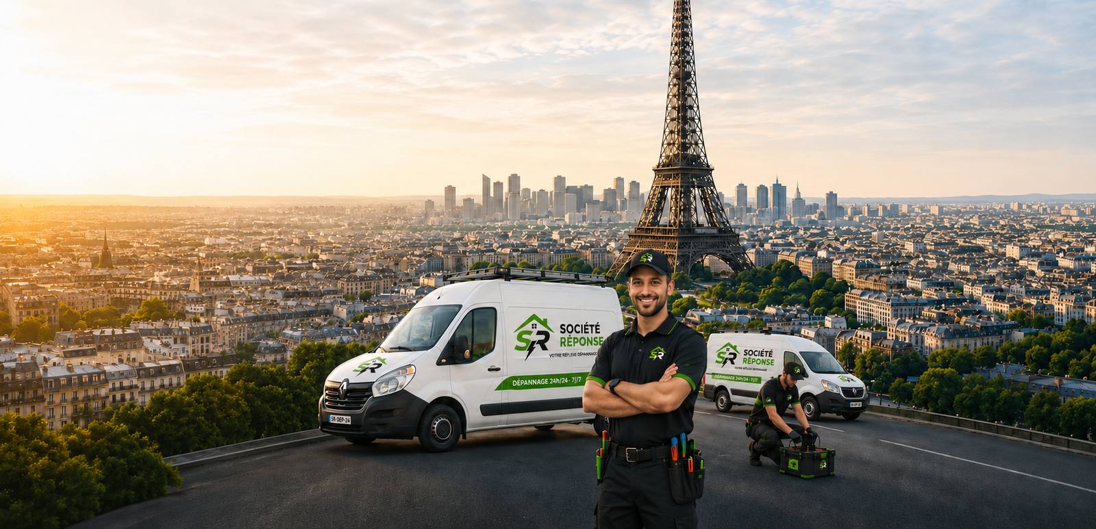 Techniciens Société Réponse en intervention à Paris, Tour Eiffel en arrière-plan
