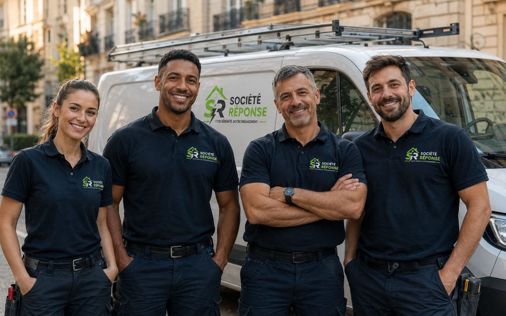Équipe de techniciens Société Réponse devant leur véhicule d'intervention